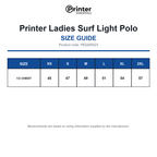 PE2265023 Printer Ladies Surf Light Polo size guide (PE2265023)