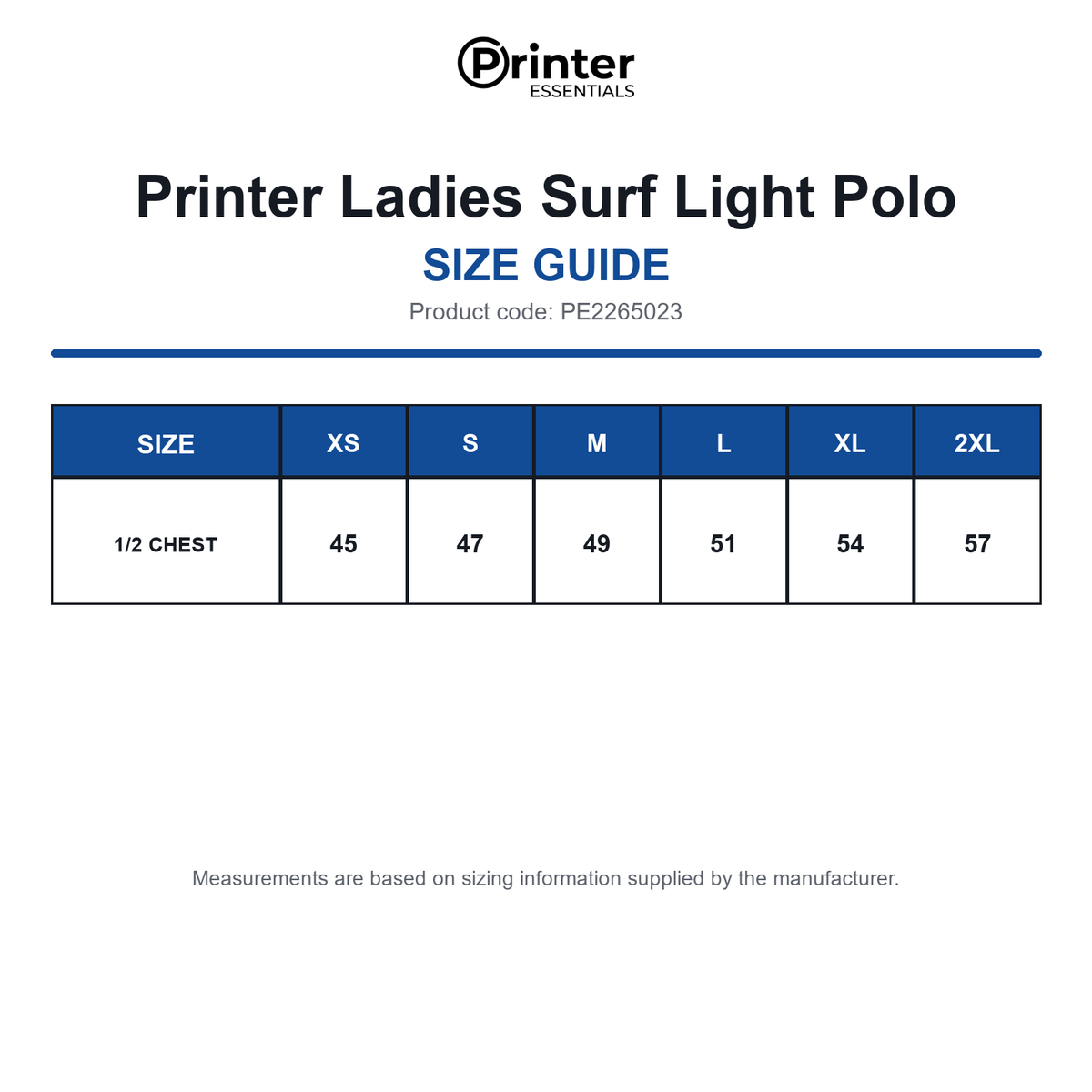 PE2265023 Printer Ladies Surf Light Polo size guide (PE2265023)