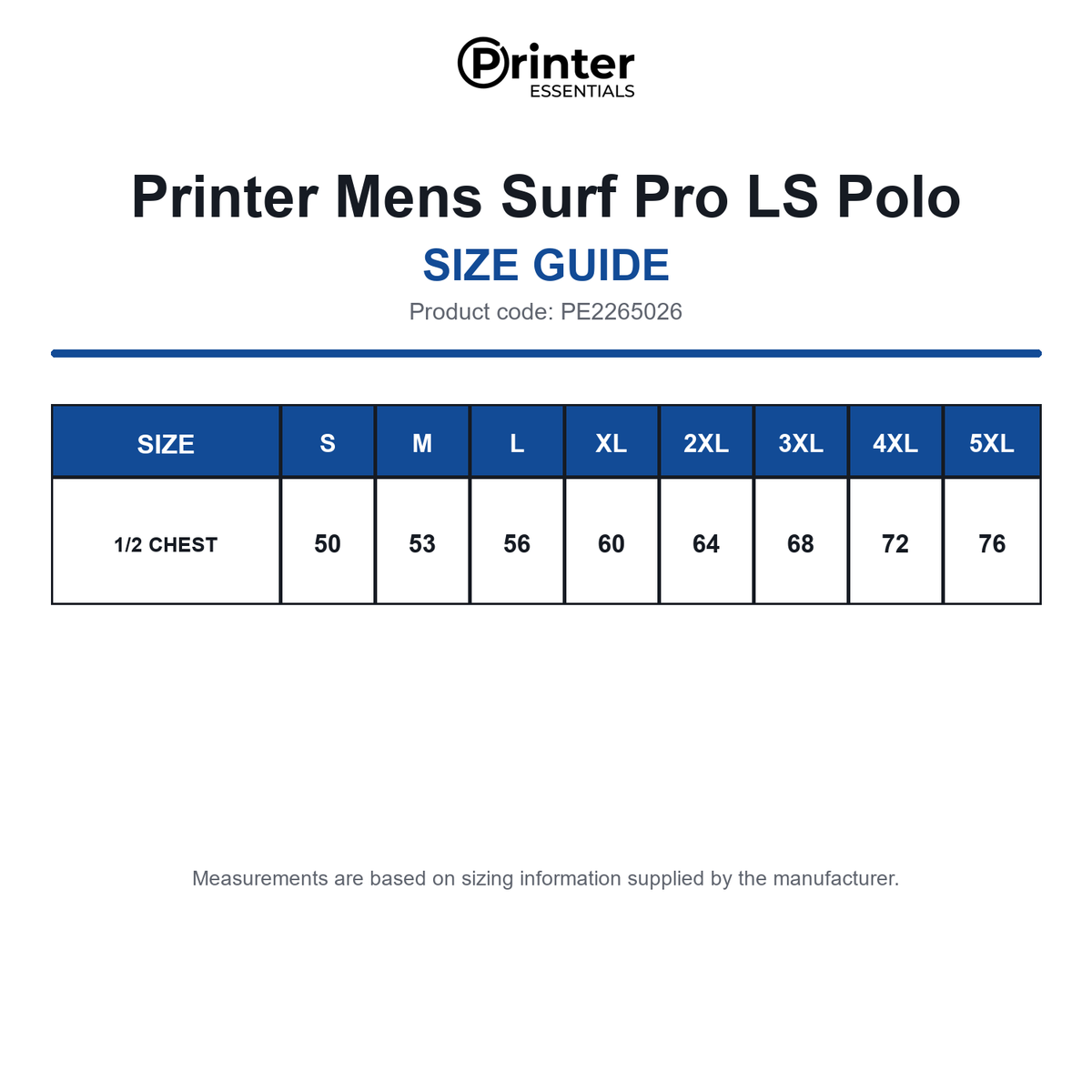 PE2265026 Printer Mens Surf Pro LS Polo size guide (PE2265026)
