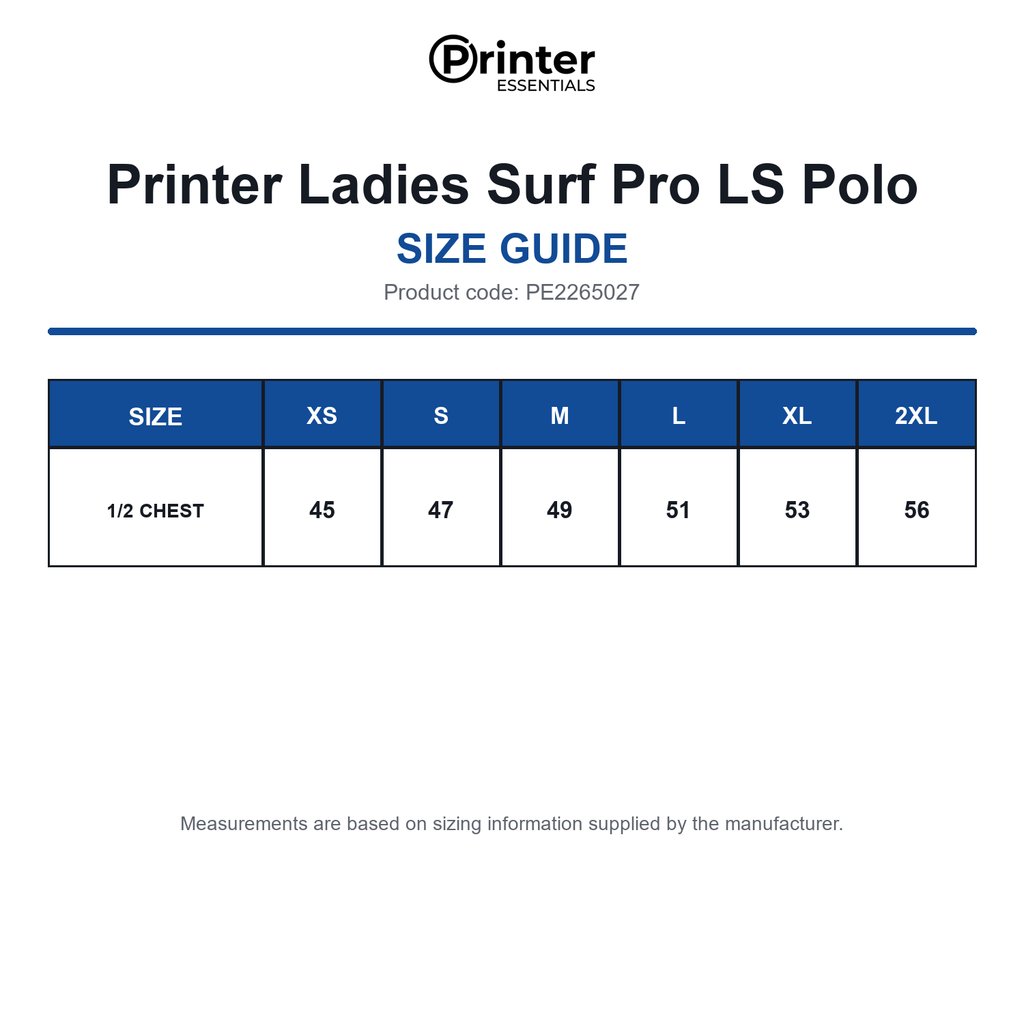 PE2265027 Printer Ladies Surf Pro LS Polo size guide (PE2265027)