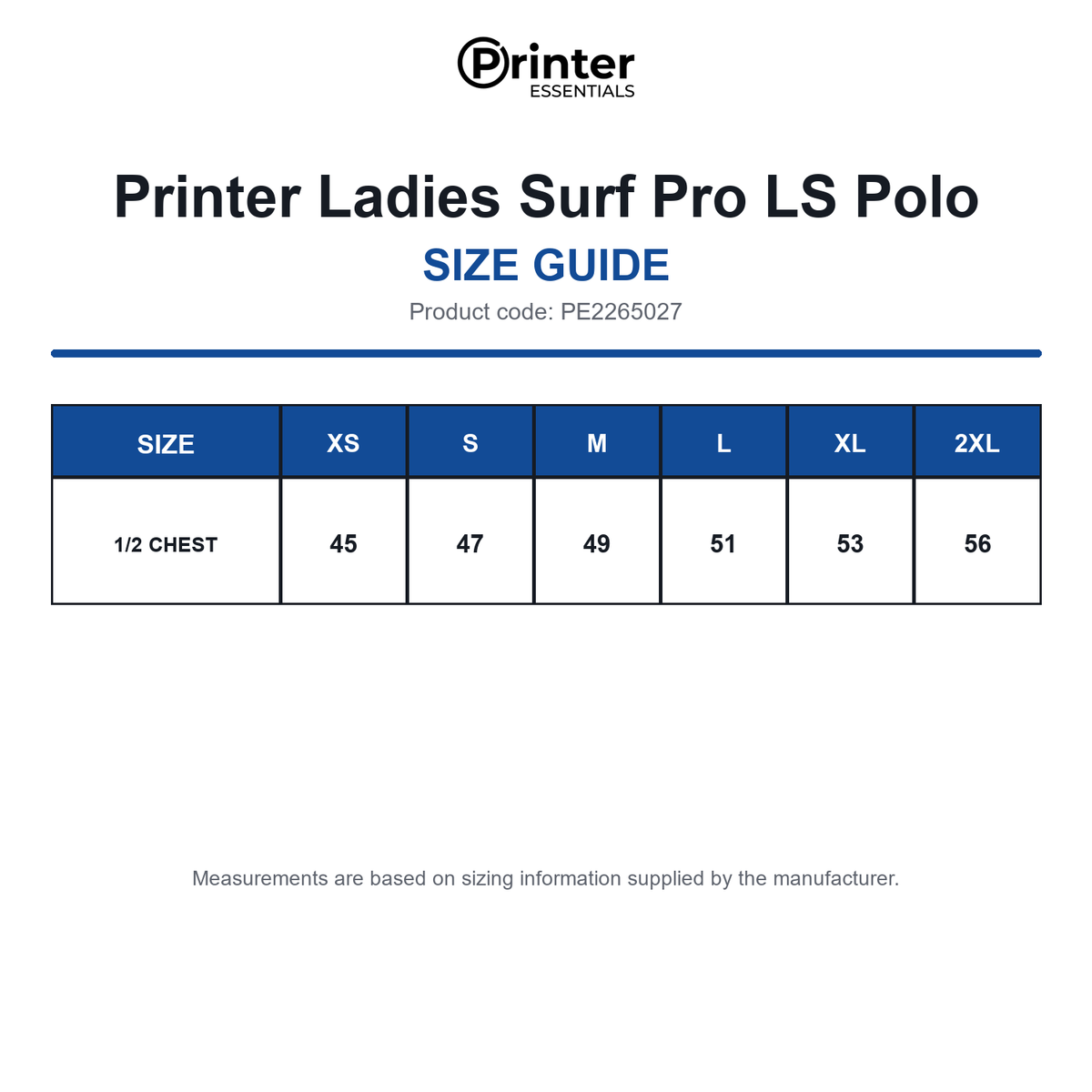 PE2265027 Printer Ladies Surf Pro LS Polo size guide (PE2265027)