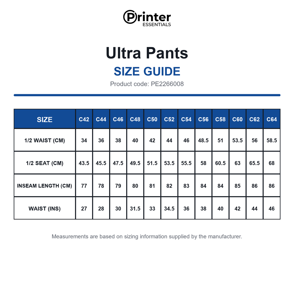 PE2266008 Printer Essentials Ultra Pants size guide (PE2266008)