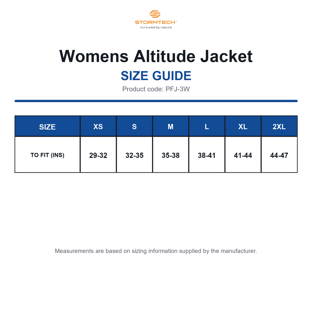 PFJ-3W Stormtech Womens Altitude Jacket size guide (PFJ-3W)