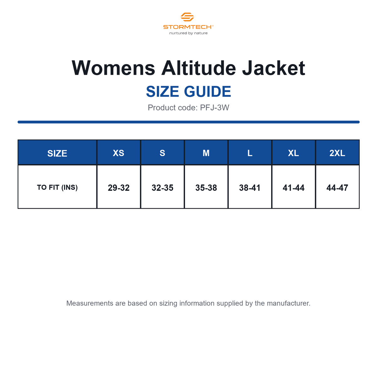 PFJ-3W Stormtech Womens Altitude Jacket size guide (PFJ-3W)