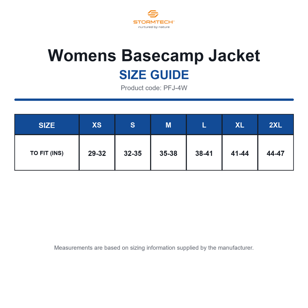 PFJ-4W Stormtech Womens Basecamp Jacket size guide (PFJ-4W)