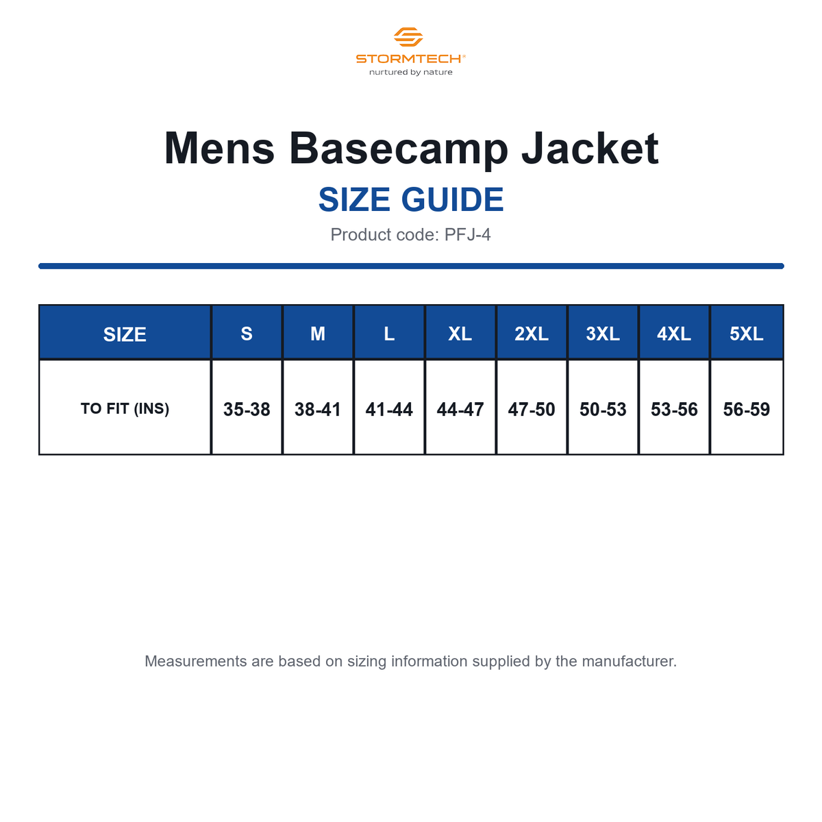PFJ-4 Stormtech Mens Basecamp Jacket size guide (PFJ-4)