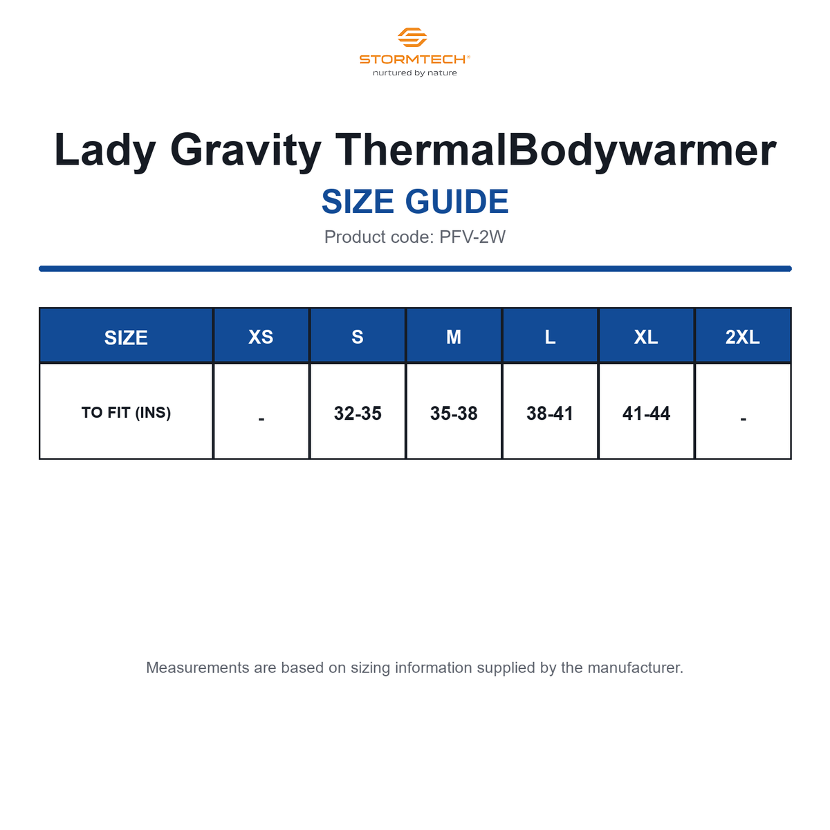 PFV-2W Stormtech Lady Gravity ThermalBodywarmer size guide (PFV-2W)