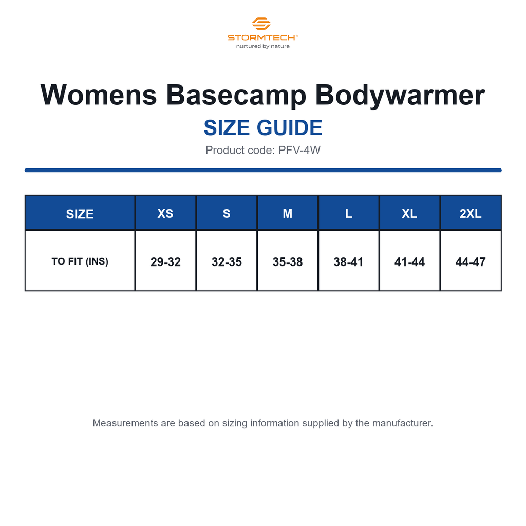 PFV-4W Stormtech Womens Basecamp Bodywarmer size guide (PFV-4W)
