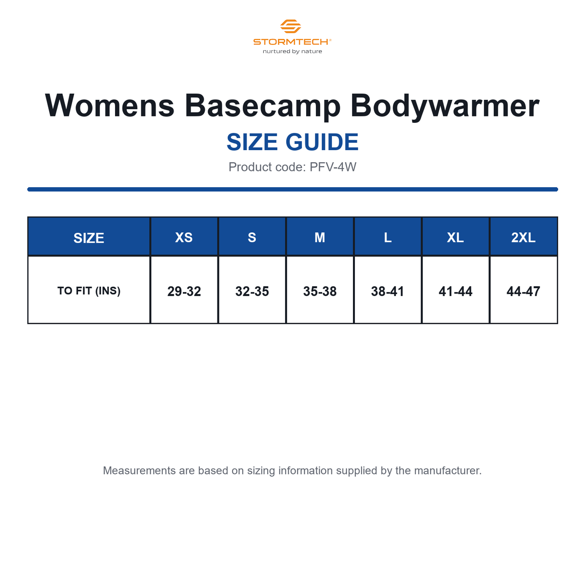 PFV-4W Stormtech Womens Basecamp Bodywarmer size guide (PFV-4W)