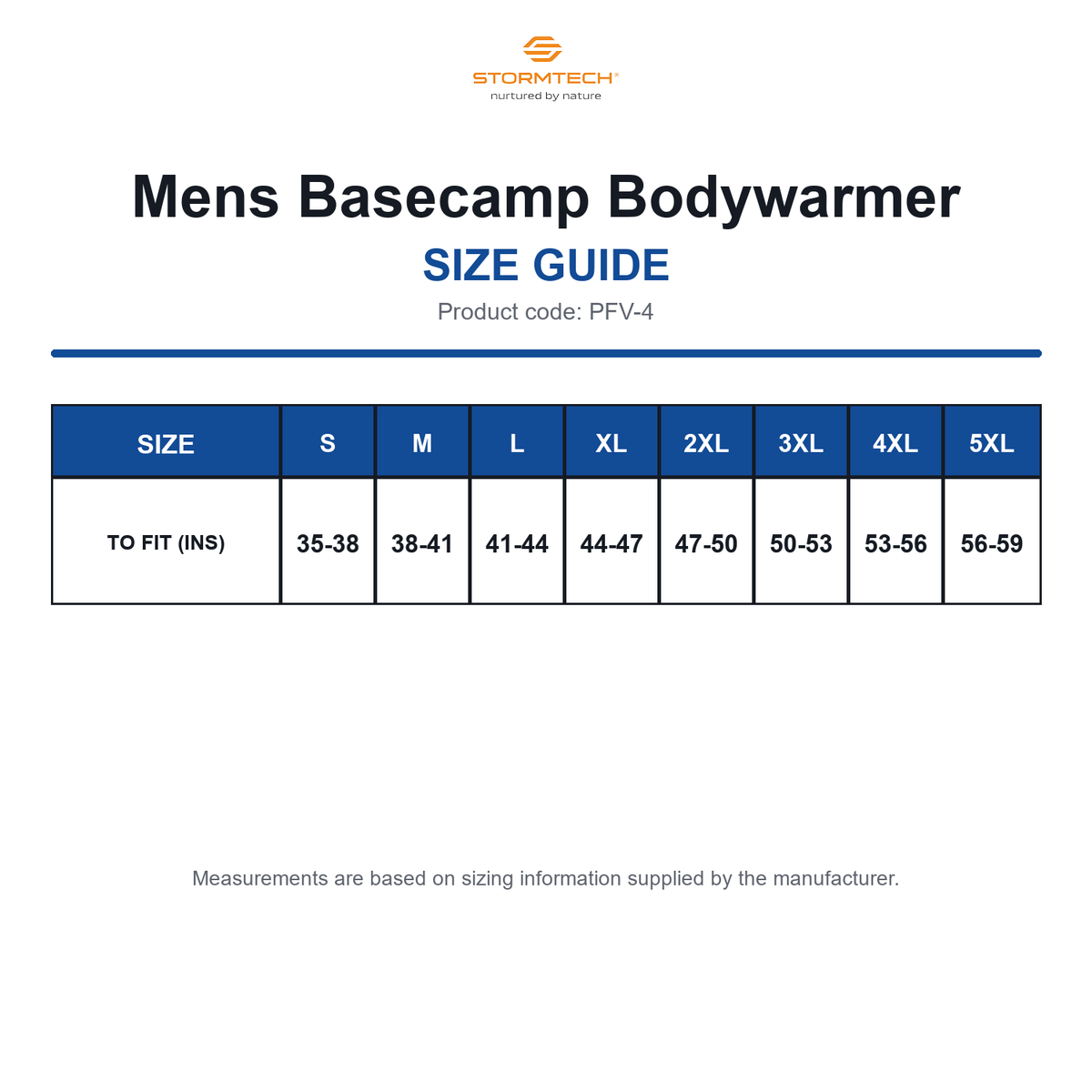 PFV-4 Stormtech Mens Basecamp Bodywarmer size guide (PFV-4)
