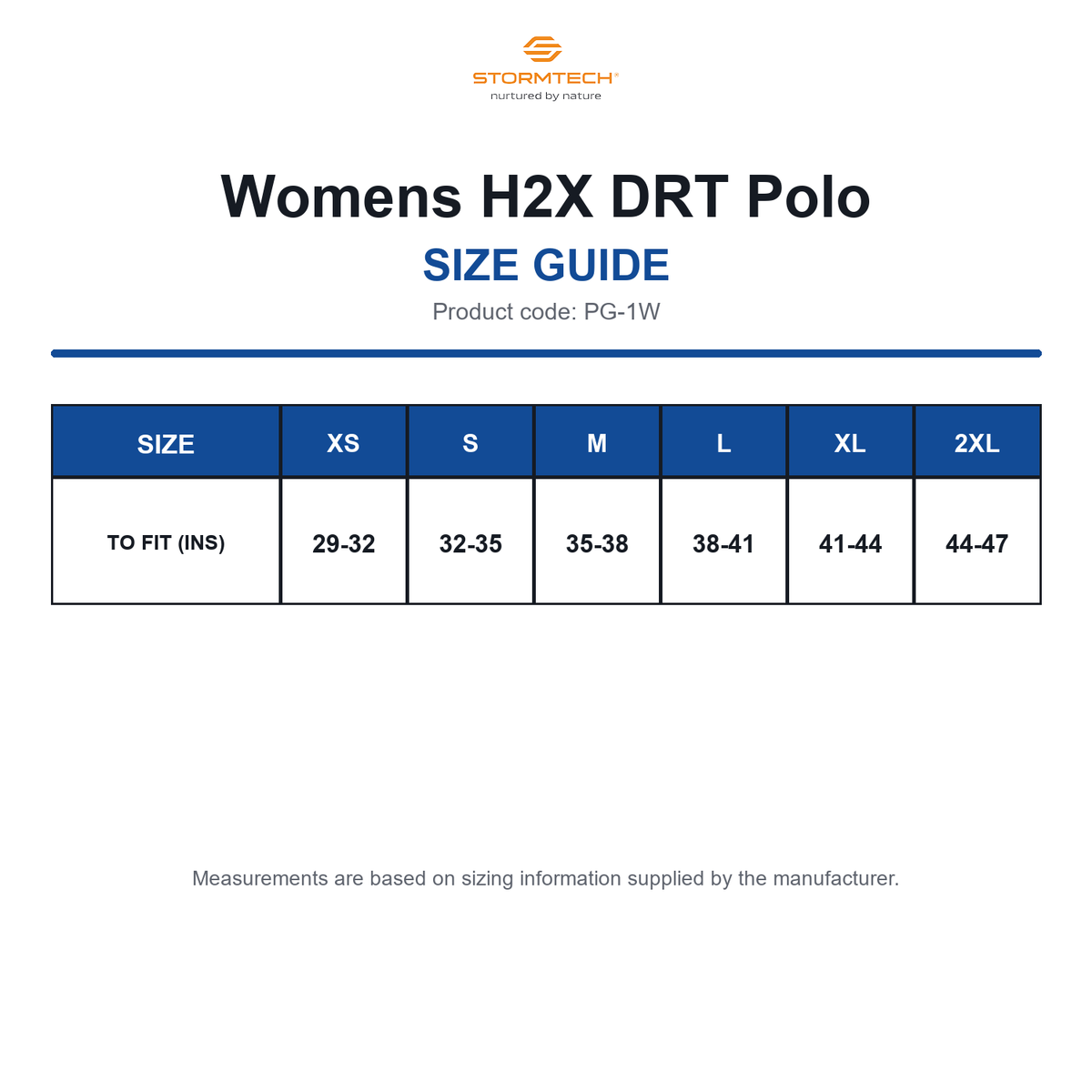 PG-1W Stormtech Womens H2X DRT Polo size guide (PG-1W)