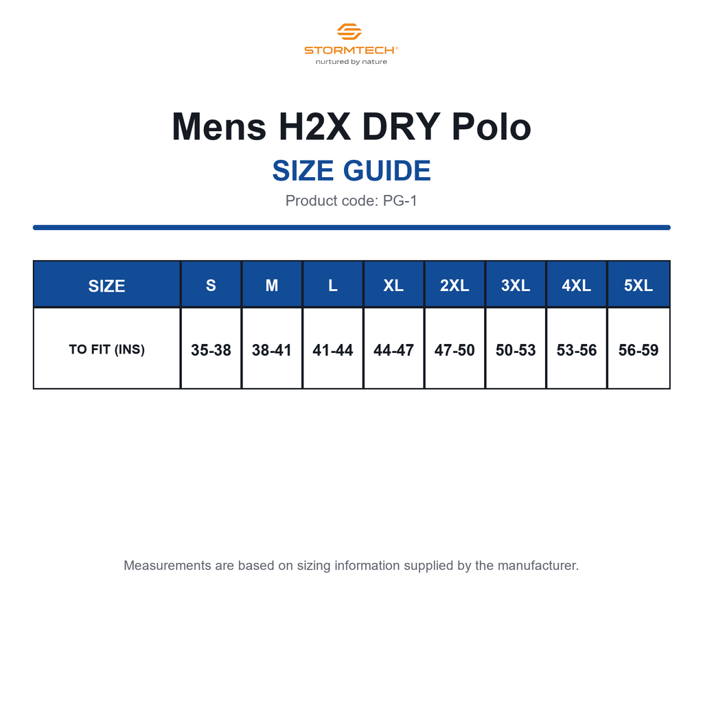 PG-1 Stormtech Mens H2X DRY Polo size guide (PG-1)