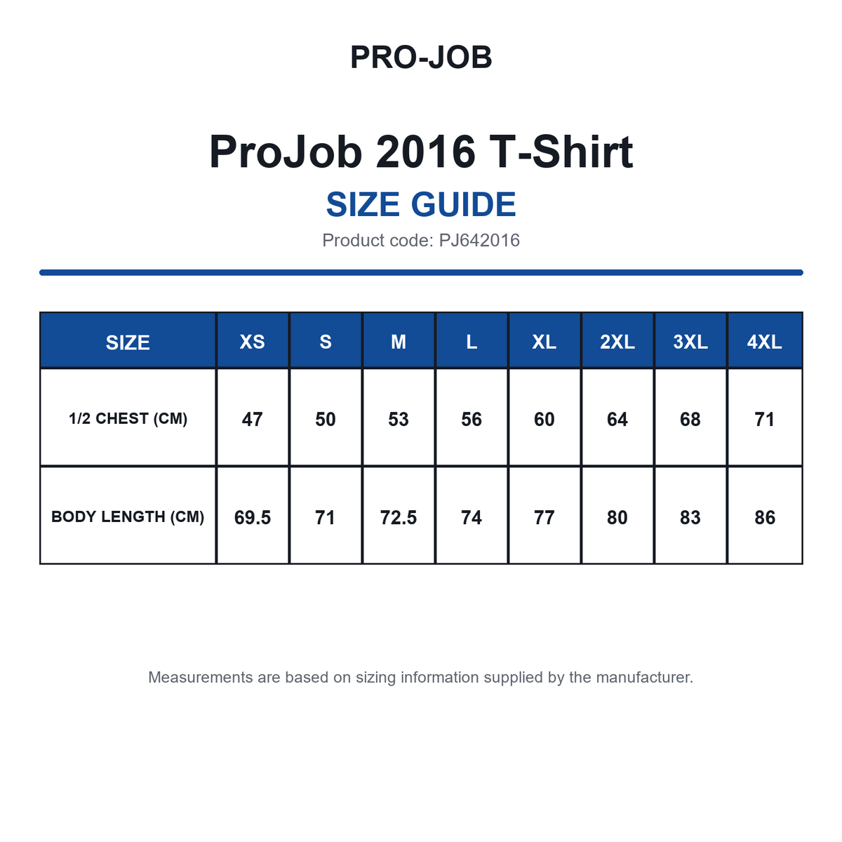 PJ642016 ProJob 2016 T-Shirt size guide (PJ642016)