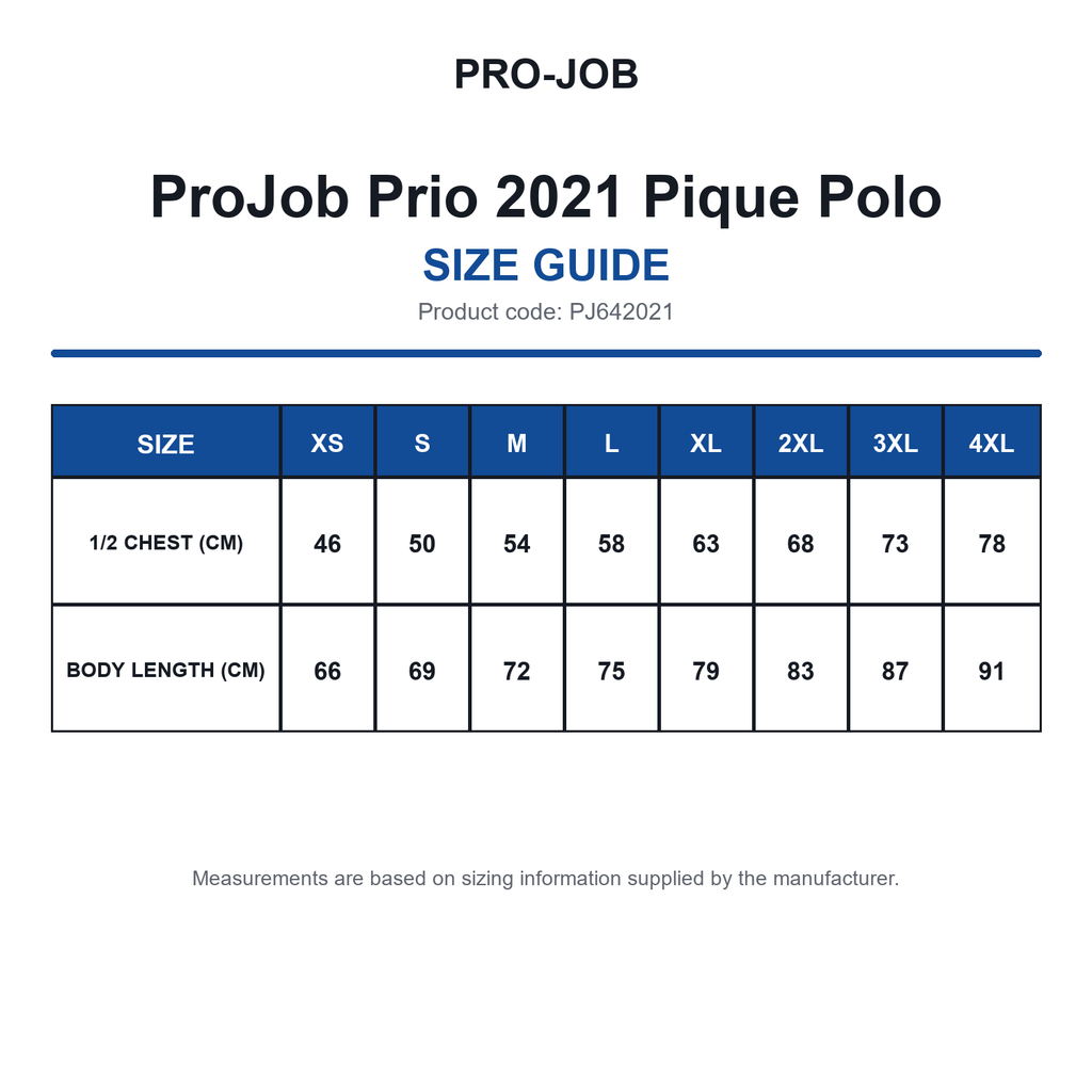 PJ642021 ProJob Prio 2021 Pique Polo size guide (PJ642021)