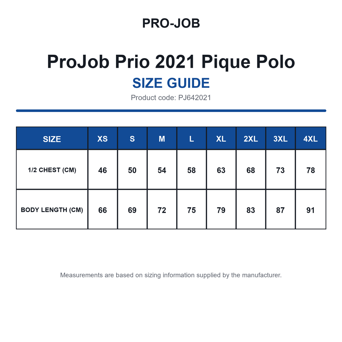PJ642021 ProJob Prio 2021 Pique Polo size guide (PJ642021)