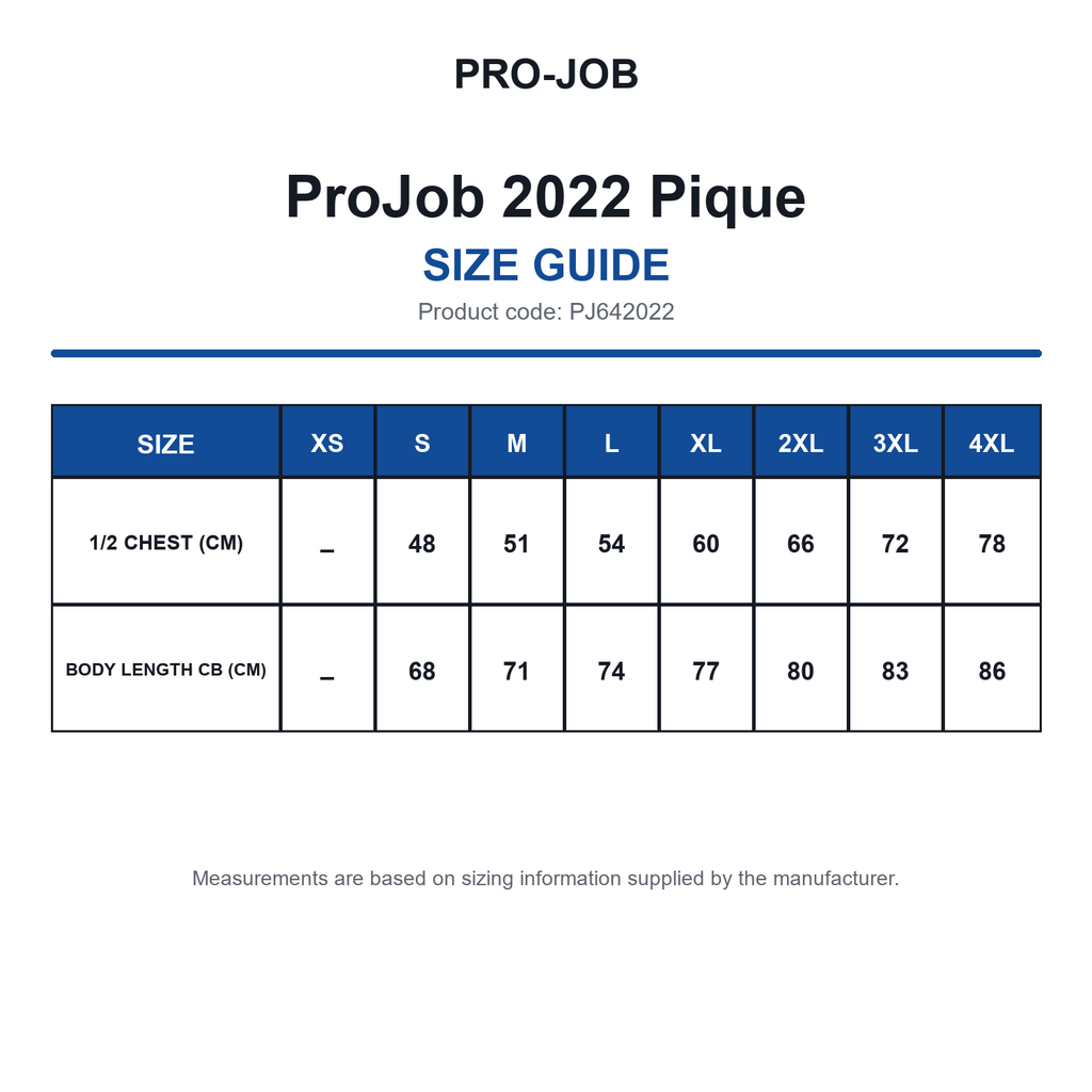 PJ642022 ProJob 2022 Pique size guide (PJ642022)