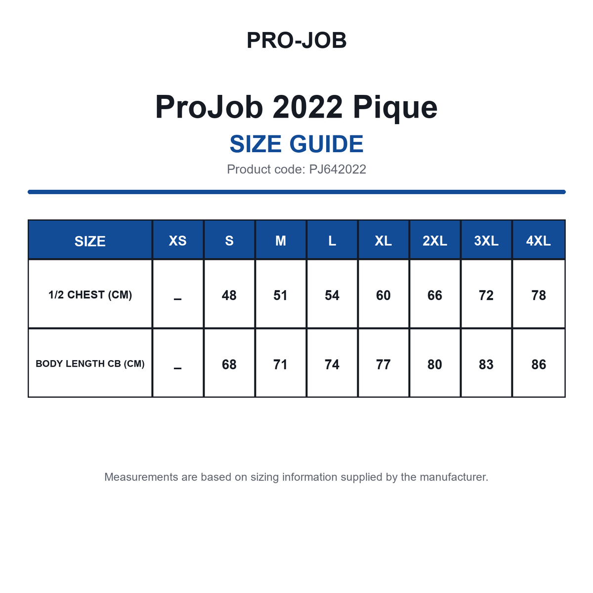 PJ642022 ProJob 2022 Pique size guide (PJ642022)