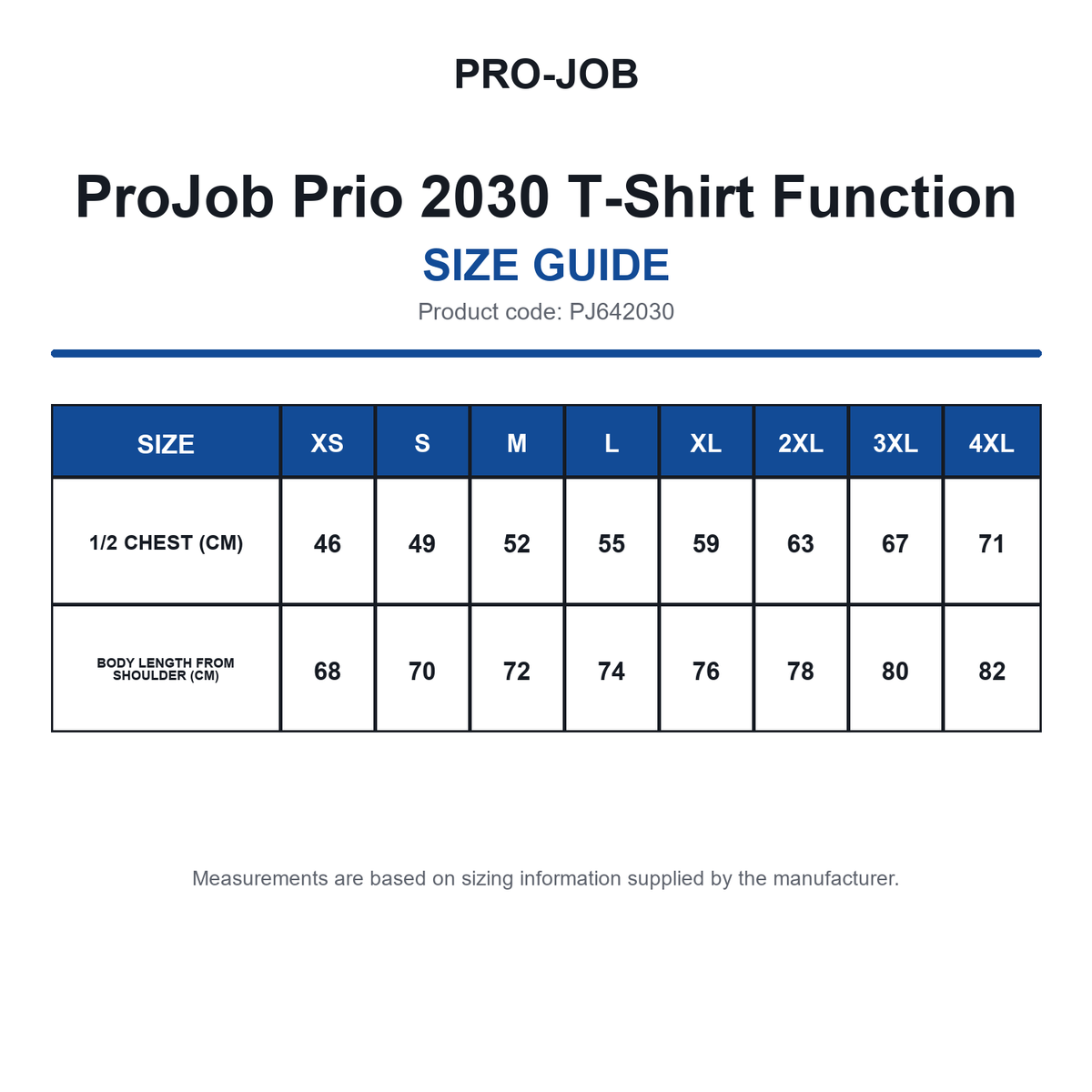 PJ642030 ProJob Prio 2030 T-Shirt Function size guide (PJ642030)