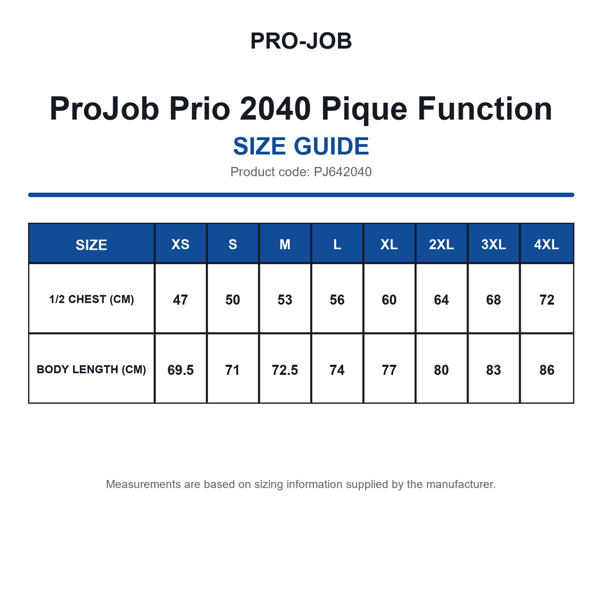 PJ642040 ProJob Prio 2040 Pique Function size guide (PJ642040)