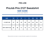 PJ642127 ProJob Prio 2127 Sweatshirt size guide (PJ642127)