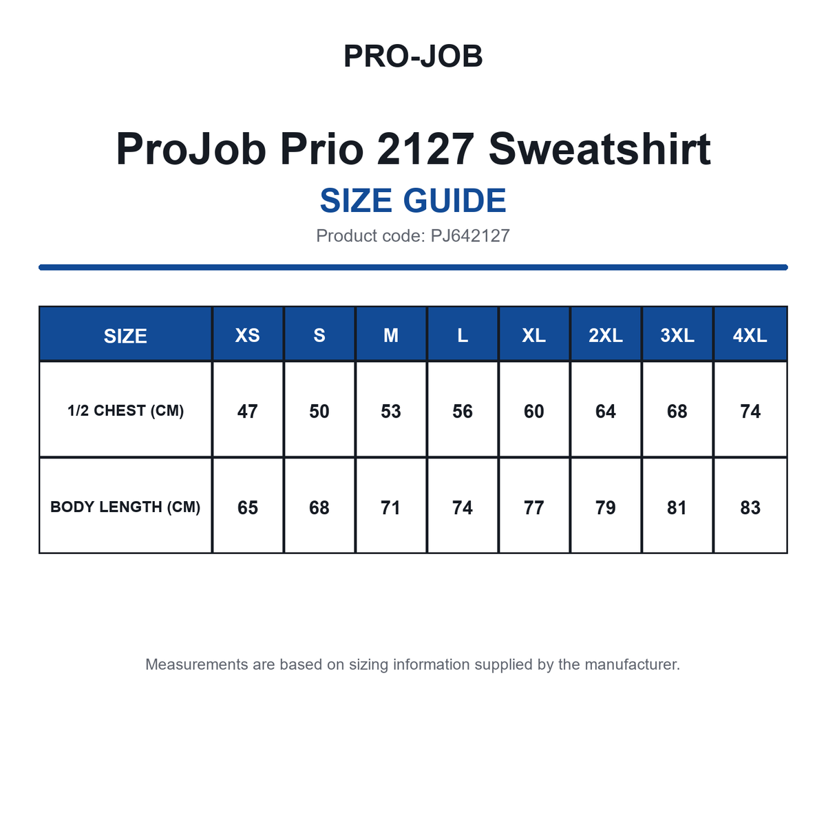 PJ642127 ProJob Prio 2127 Sweatshirt size guide (PJ642127)