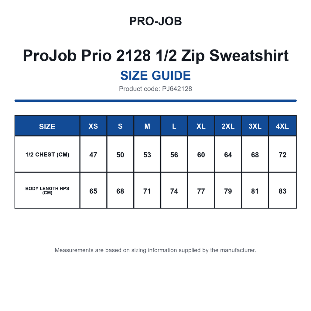 PJ642128 ProJob Prio 2128 1/2 Zip Sweatshirt size guide (PJ642128)