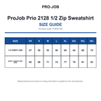 PJ642128 ProJob Prio 2128 1/2 Zip Sweatshirt size guide (PJ642128)