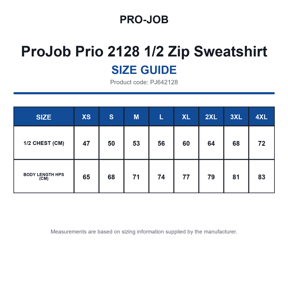 PJ642128 ProJob Prio 2128 1/2 Zip Sweatshirt size guide (PJ642128)