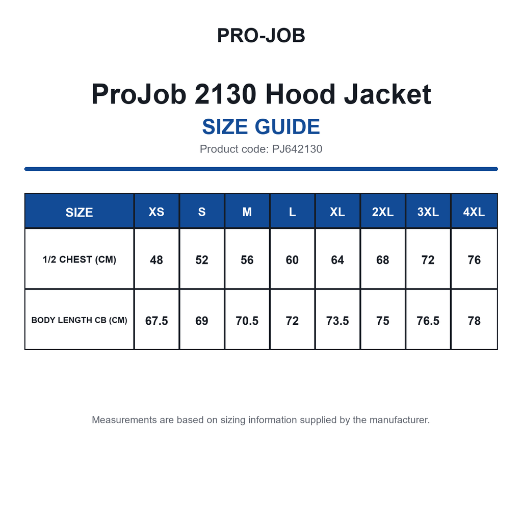 PJ642130 ProJob 2130 Hood Jacket size guide (PJ642130)