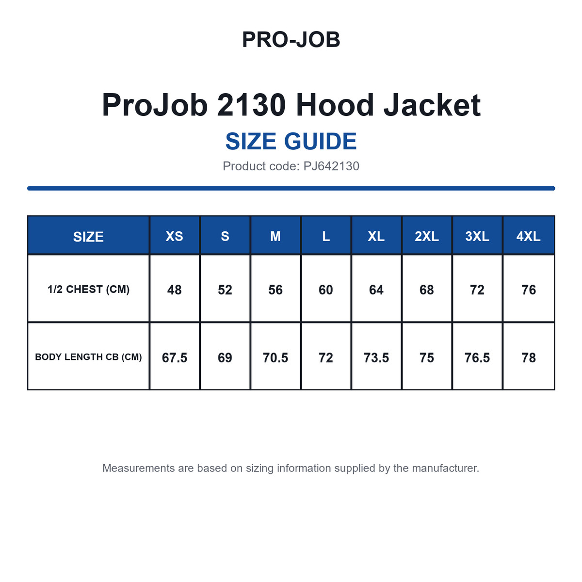 PJ642130 ProJob 2130 Hood Jacket size guide (PJ642130)