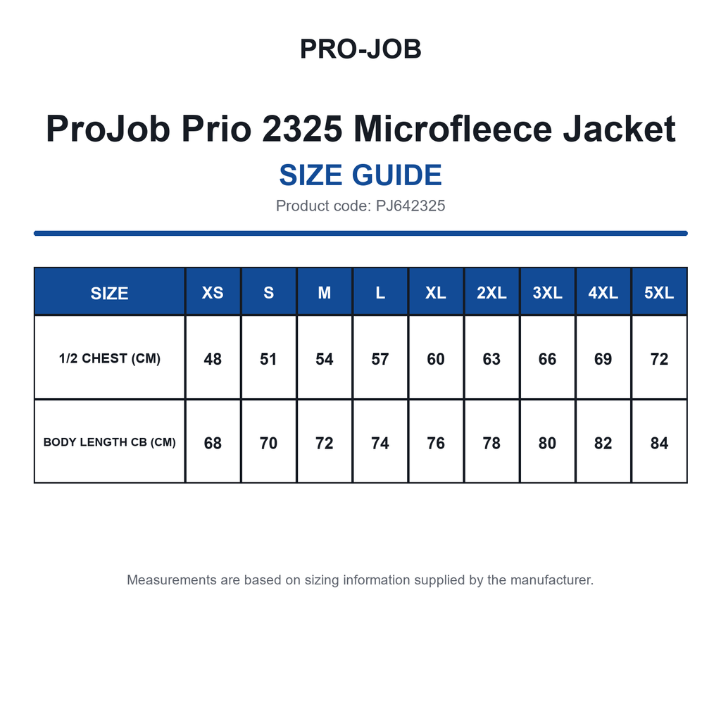 PJ642325 ProJob Prio 2325 Microfleece Jacket size guide (PJ642325)