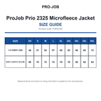 PJ642325 ProJob Prio 2325 Microfleece Jacket size guide (PJ642325)