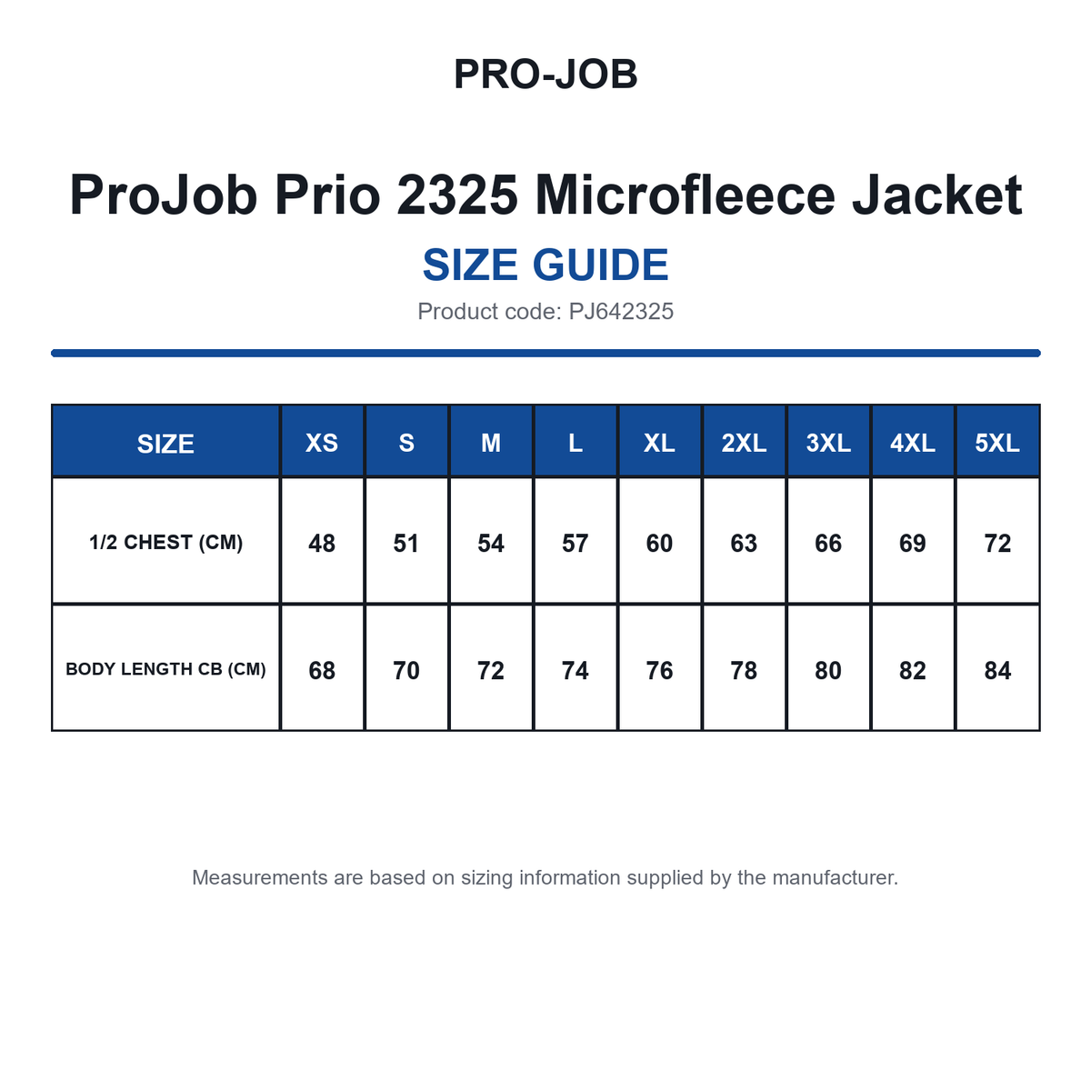 PJ642325 ProJob Prio 2325 Microfleece Jacket size guide (PJ642325)