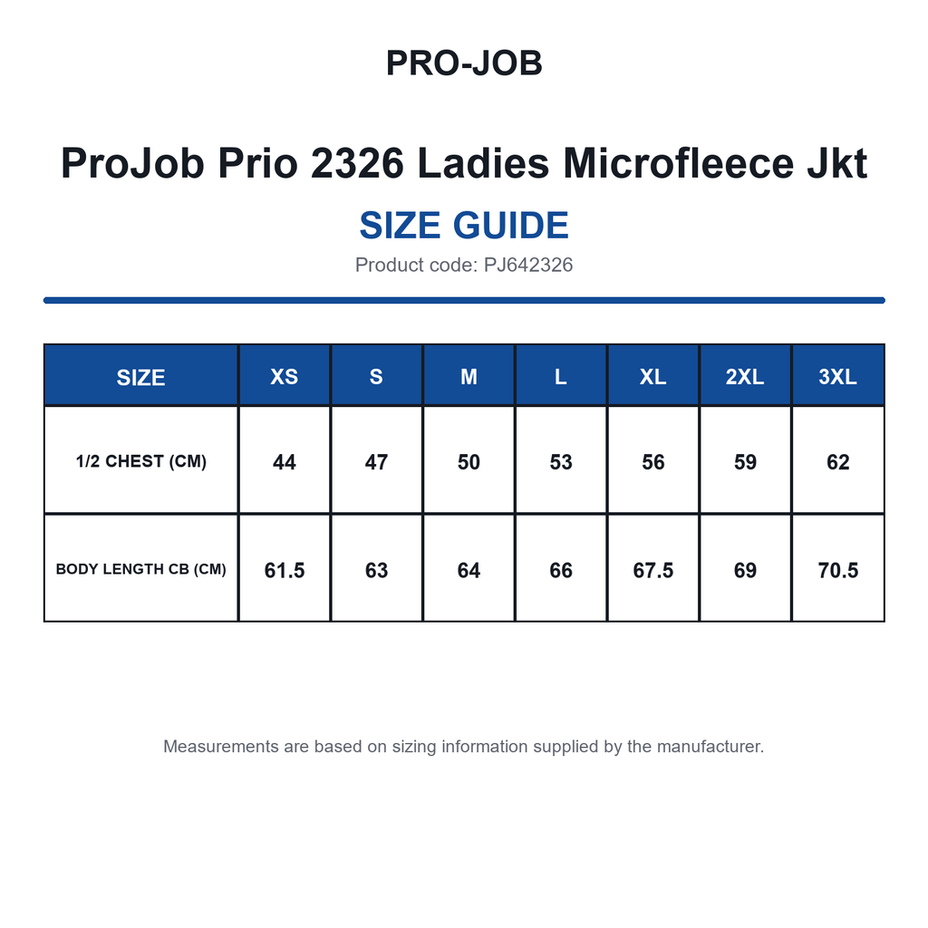 PJ642326 ProJob Prio 2326 Ladies Microfleece Jkt size guide (PJ642326)