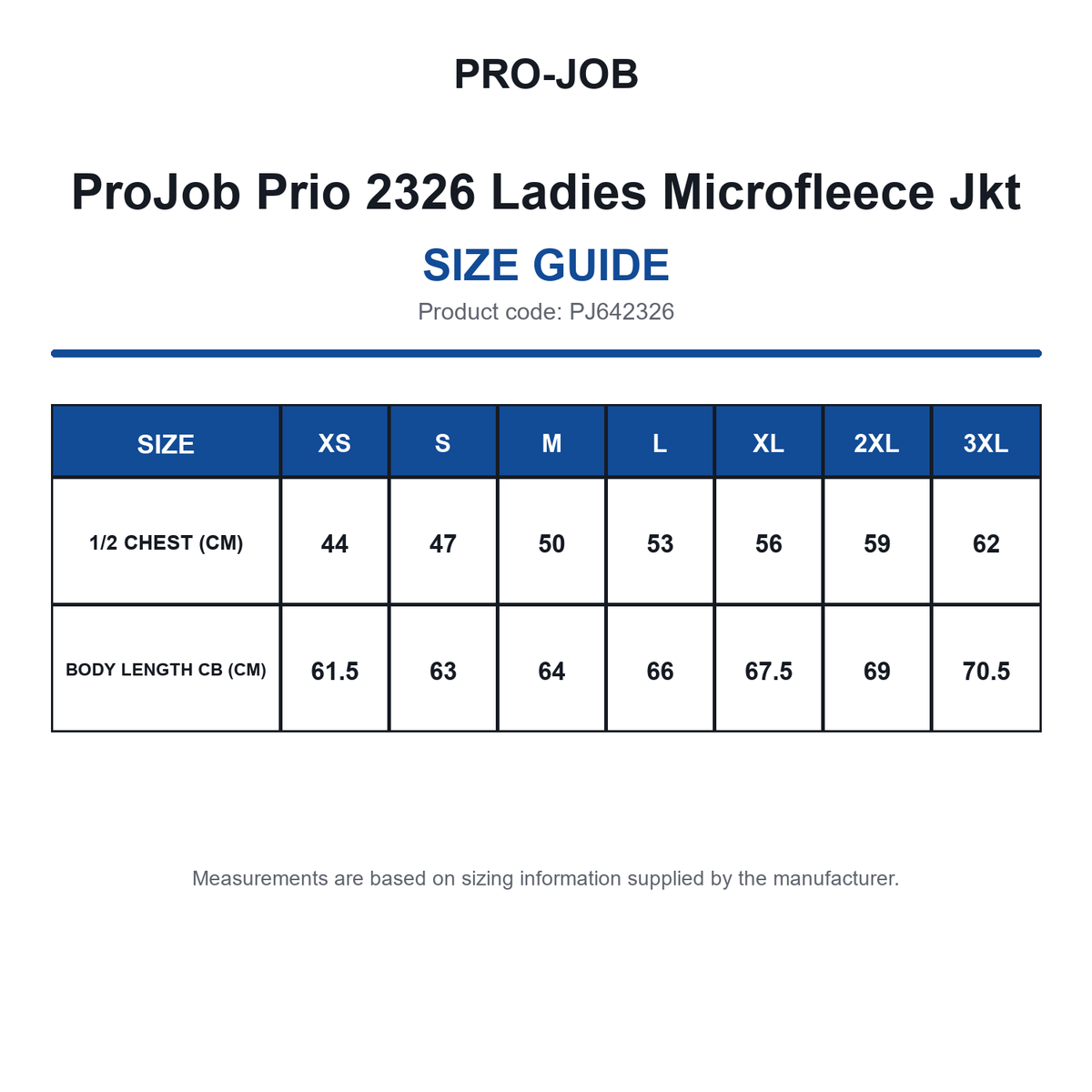 PJ642326 ProJob Prio 2326 Ladies Microfleece Jkt size guide (PJ642326)
