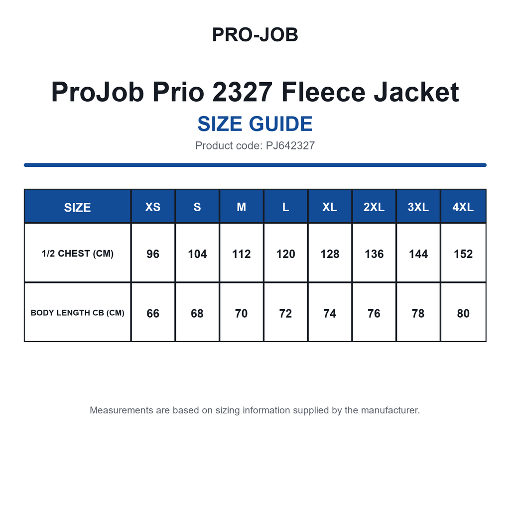 PJ642327 ProJob Prio 2327 Fleece Jacket size guide (PJ642327)