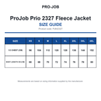 PJ642327 ProJob Prio 2327 Fleece Jacket size guide (PJ642327)