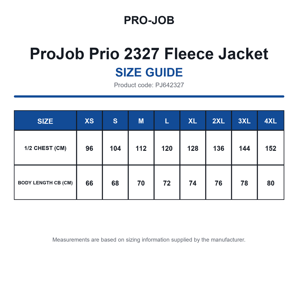 PJ642327 ProJob Prio 2327 Fleece Jacket size guide (PJ642327)