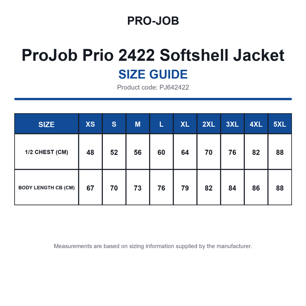 PJ642422 ProJob Prio 2422 Softshell Jacket size guide (PJ642422)