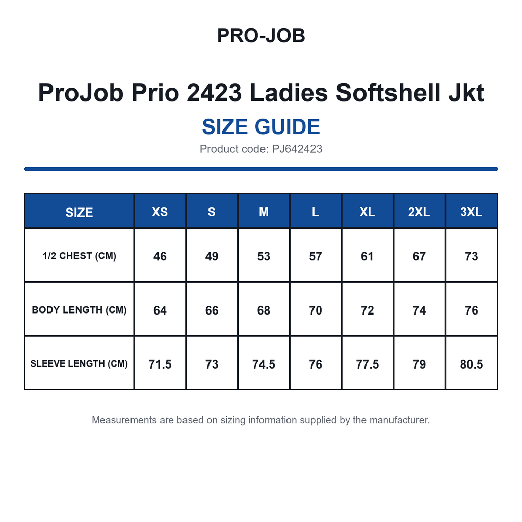 PJ642423 ProJob Prio 2423 Ladies Softshell Jkt size guide (PJ642423)