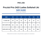 PJ642423 ProJob Prio 2423 Ladies Softshell Jkt size guide (PJ642423)