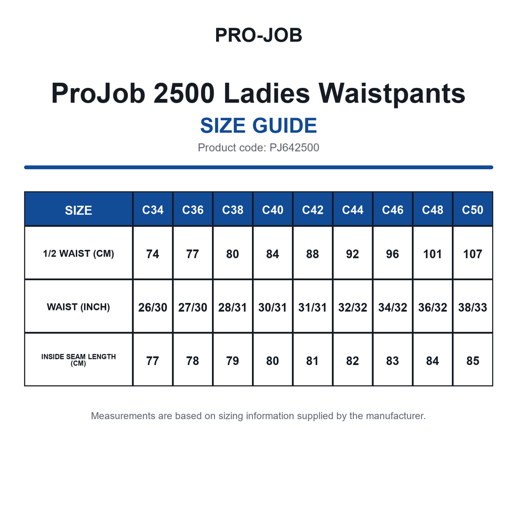 PJ642500 ProJob 2500 Ladies Waistpants size guide (PJ642500)