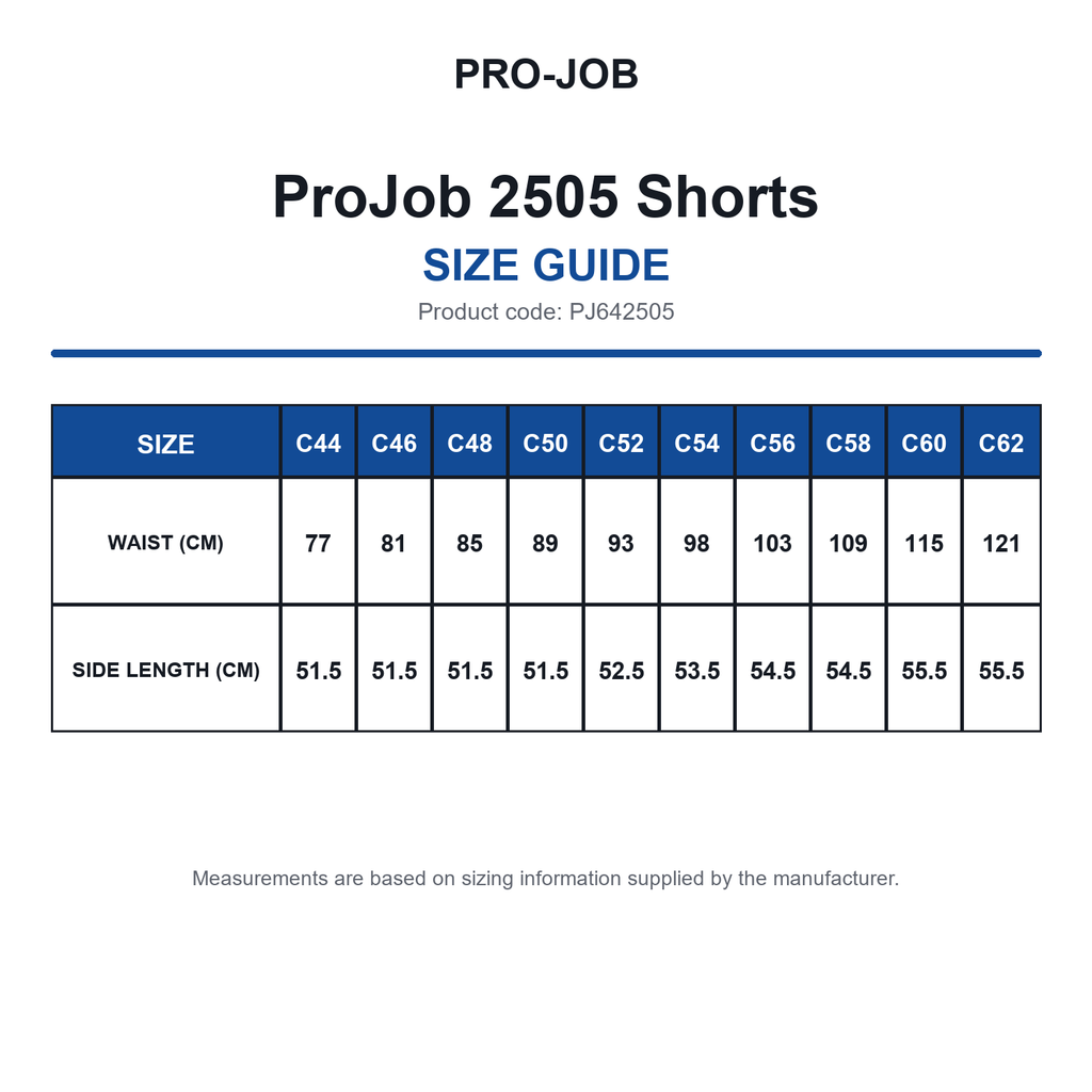 PJ642505 ProJob 2505 Shorts size guide (PJ642505)