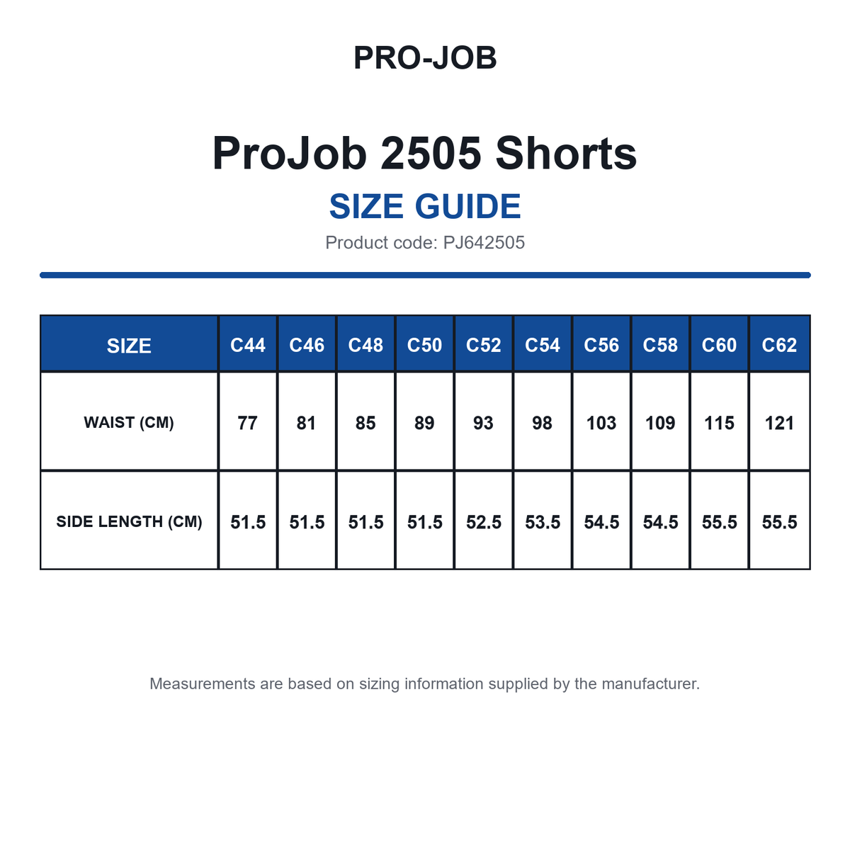 PJ642505 ProJob 2505 Shorts size guide (PJ642505)