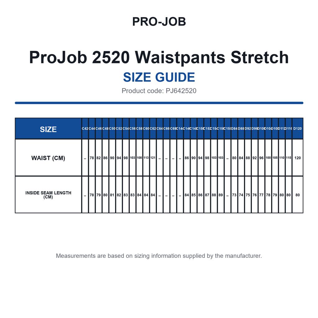 PJ642520 ProJob 2520 Waistpants Stretch size guide (PJ642520)