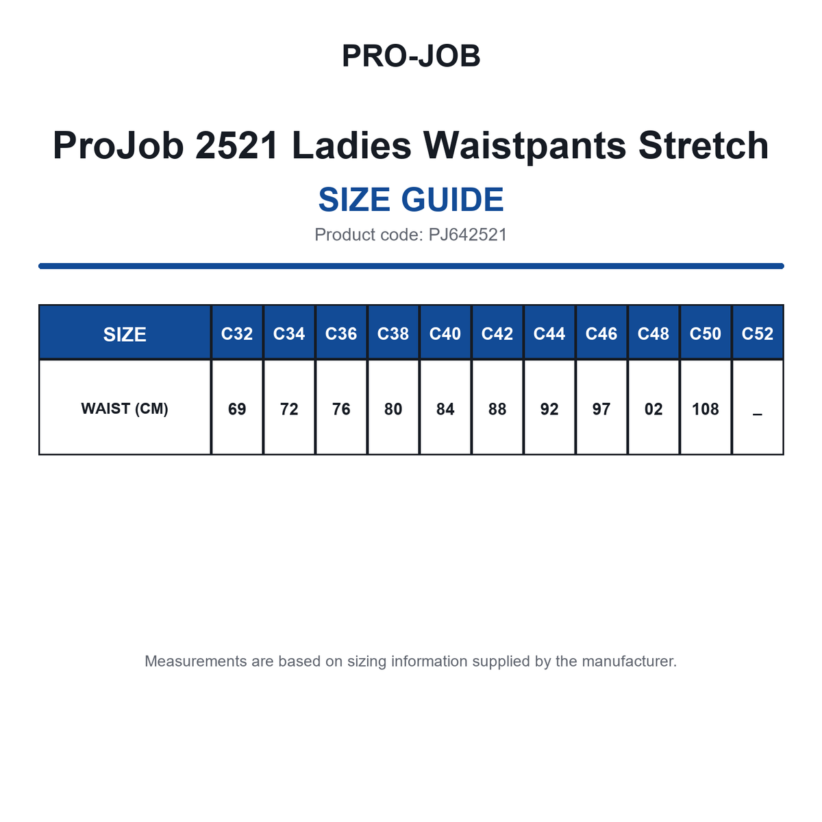 PJ642521 ProJob 2521 Ladies Waistpants Stretch size guide (PJ642521)