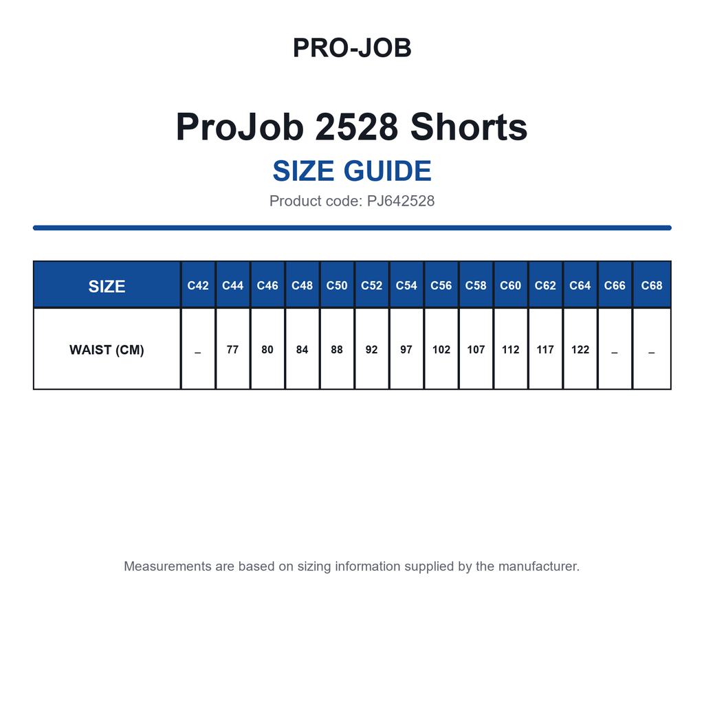PJ642528 ProJob 2528 Shorts size guide (PJ642528)