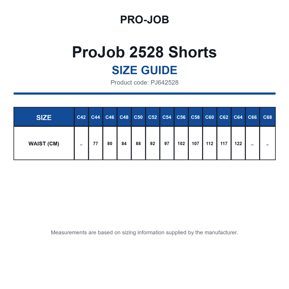 PJ642528 ProJob 2528 Shorts size guide (PJ642528)