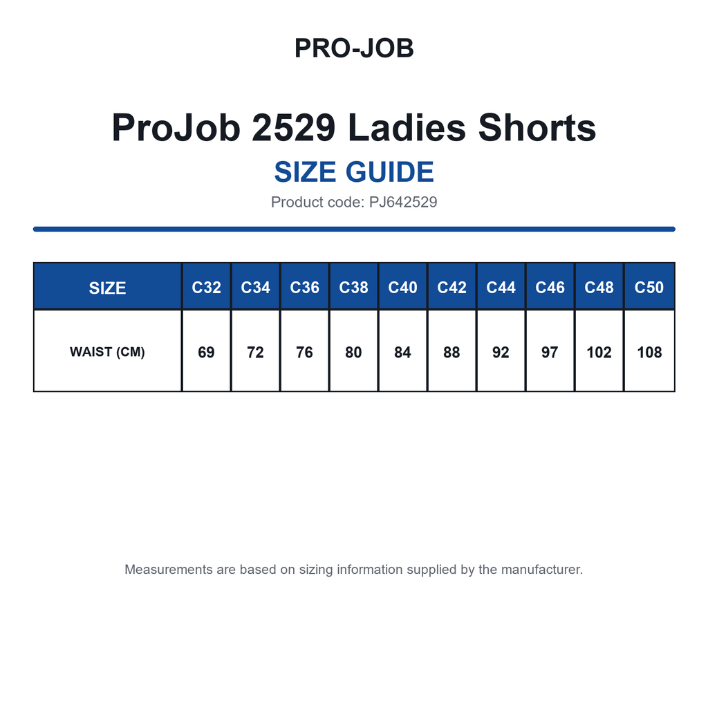 PJ642529 ProJob 2529 Ladies Shorts size guide (PJ642529)