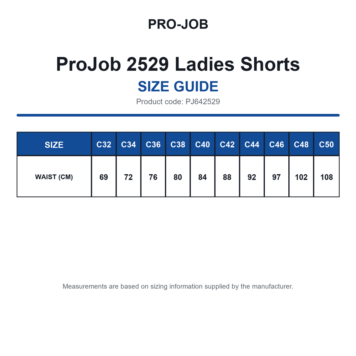PJ642529 ProJob 2529 Ladies Shorts size guide (PJ642529)